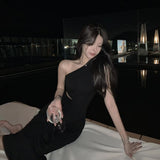 Sexy One Shoulder Split Bodycon Black Dress