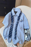 Loose Retro Blue Striped Blouse With Tie