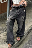 Retro Striped Hole Washed Black Denim Jeans Pants