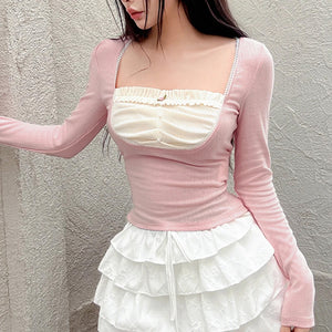 Long Sleeve Cute Pink Square Neck Cropped Shirt