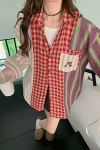 Long Sleeve Striped And Plaid Combination Blouse Shirt