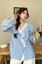 Long Sleeve Lace Neck Striped Blouse Shirts