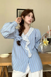 Long Sleeve Lace Neck Striped Blouse Shirts