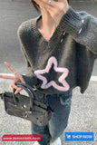 Long Sleeve 3D Star Pattern V-Neck Cropped Sweater