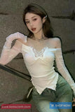 Long Sleeve Butterfly Embroidered Pattern Off Shoulder Shirt