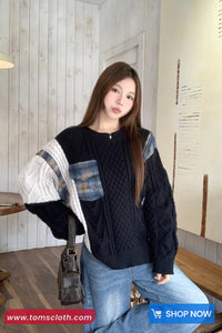 Long Sleeve Plaid Patchwork Knitted Black Sweater