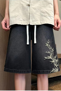 Leaves Embroidered Hip Hop Denim Shorts