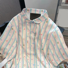 Short Sleeve Cute Little Art Pattern Striped Blouse Shirts