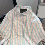 Short Sleeve Cute Little Art Pattern Striped Blouse Shirts