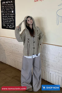 Long Sleeve Cute Rabbit Ears Hooded Knitted Cardigan Sweater