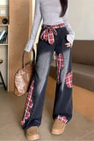 High Waist Bow Plaid Splicing Jeans Pants