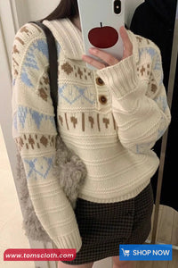 Long Sleeve Vintage Turn Down Collar Knitted Sweater