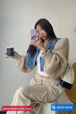 Long Sleeve Denim Patchwork Retro Knitted Cropped Sweater