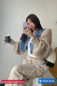 Long Sleeve Denim Patchwork Retro Knitted Cropped Sweater