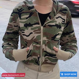 Camouflage hoodie on a mannequin with 'tomscloth.com' branding and 'SHOP NOW' button.