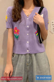 Short Sleeve V-Neck Cute Pattern Knitted Shirt