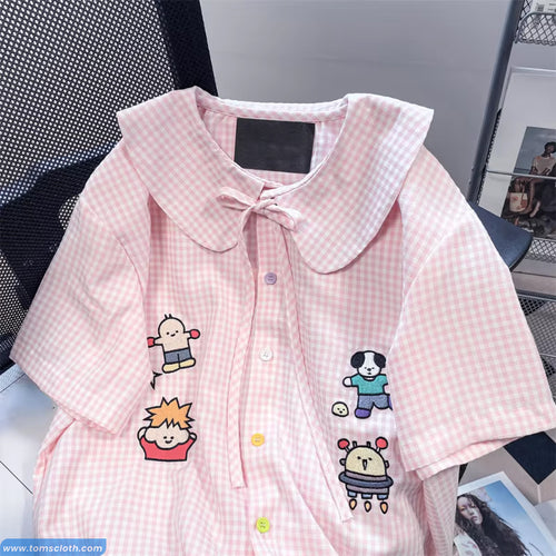 Pink Plaid Cartoon Embroidered Peter Pan Collar Blouse Shirt