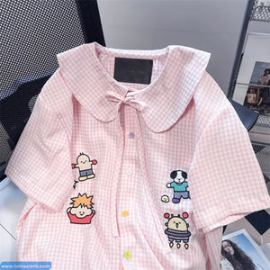 Pink Plaid Cartoon Embroidered Peter Pan Collar Blouse Shirt