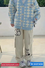 Cute Puppy Embroidered Cargo Pockets Corduroy Pants