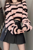 Off Shoulder Pink Striped Knitted Cropped Sweater