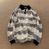 Long Sleeve Turn Down Collar Casual Striped Sweatshirt
