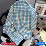 Long Sleeve Retro Blue Plaid Blouse Shirt