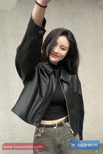 Long Sleeve Turn Down Collar Zipper Leather Jacket