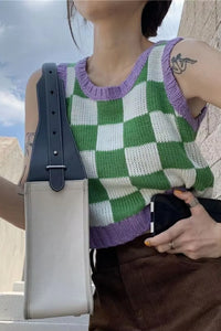 Colorful Plaid Pattern Knitted Crop Tops