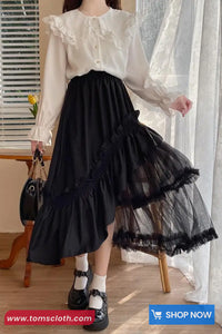 High Waist Asymmetrical Mesh Patchwork Ruffle Maxi Skirts