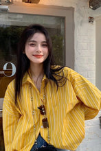 Long Sleeve Yellow Retro Striped Blouse Shirt
