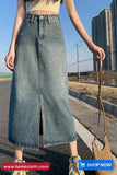 High Waist Cut Slit A-Line Denim Skirts