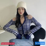 Long Sleeve Sexy Off Shoulder Blue Plaid Knitted Shirt