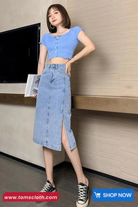 High Waist Cut Side Slit Denim Skirts