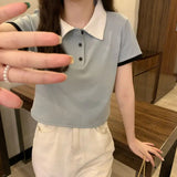 Short Sleeve Cute Colors Combination Collar Shirt