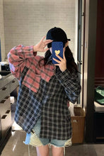 Black and Pink Colors Combination Plaid Blouse Shirt