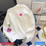 Long Sleeve Retro Graffiti Pattern White Denim Jacket