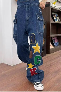 Rock Letter Embroidered Wide Leg Denim Jumpsuits
