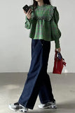 Loose Puff Sleeve Green Plaid Ruffled Blouse Shirt