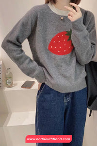 Long Sleeve Strawberry Printed Cute O-Neck Sweater