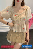 Puff Sleeve Square Collar Drawstring Floral Pattern Shirt