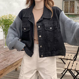 Long Sleeve Knitted Combination Black Denim Jacket
