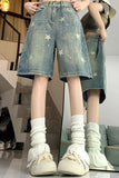 High Waist Stars Pattern Washed Denim Shorts