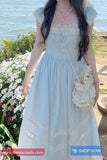 Long Retro Elegant Sweet Lace Patchwork Blue Dress