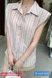 Turn Down Collar Retro Sleeveless Striped Blouse Shirt