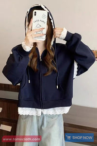Vintage Loose Lace Patchwork Hooded Sweatshirt
