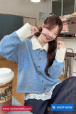 Long Sleeve Turn Down Collar Knitted Stripe Sweater