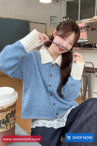 Long Sleeve Turn Down Collar Knitted Stripe Sweater