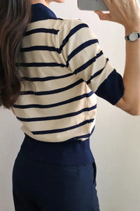 Short Sleeve Turn Down Collar Knitted Striped Shirt