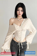 Long Sleeve Slash Neck Sexy Bandage Cropped Shirt