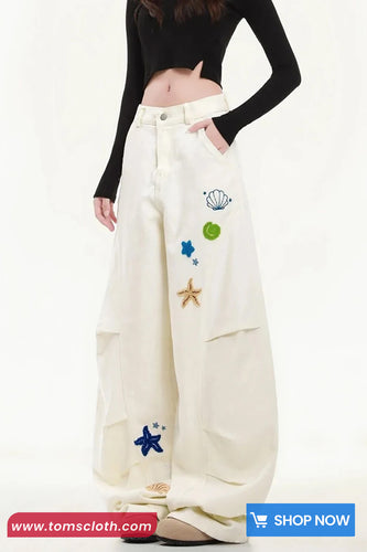 Loose Sea Themes Pattern Embroidered Casual Pants